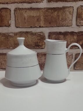 Vintage Crown Ming Fine China, Jian Shian, Creamer & Sugar Set with Silver Band